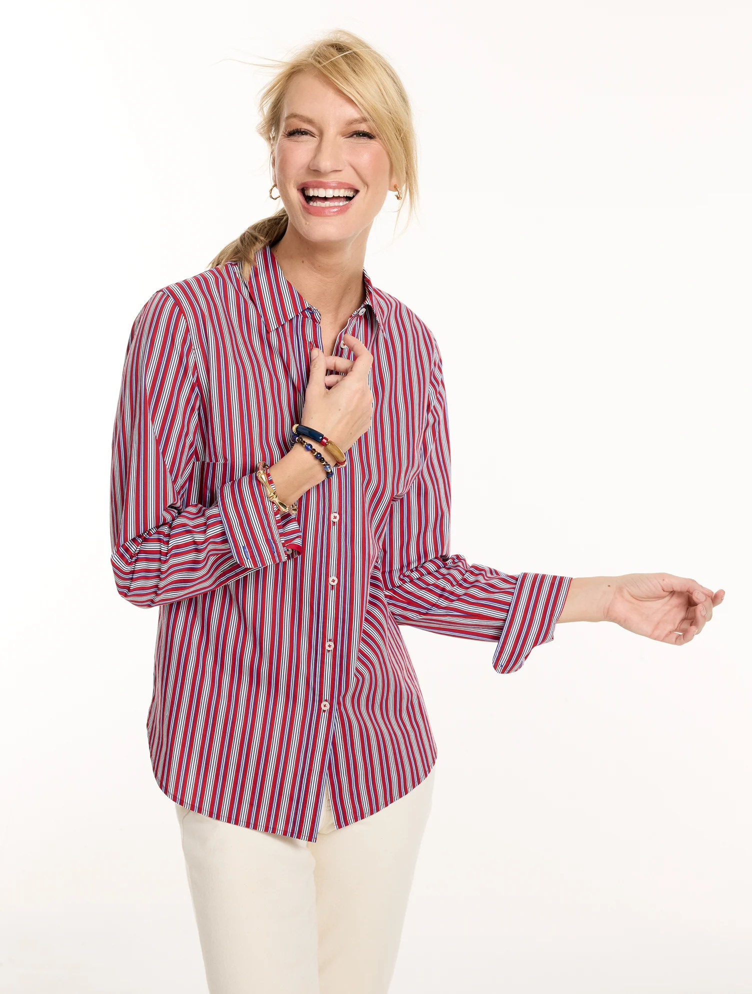 Plus Petite - Modern Classic Shirt - Dolly Stripe - Red - 2X - 100% Cotton Talbots | Talbots