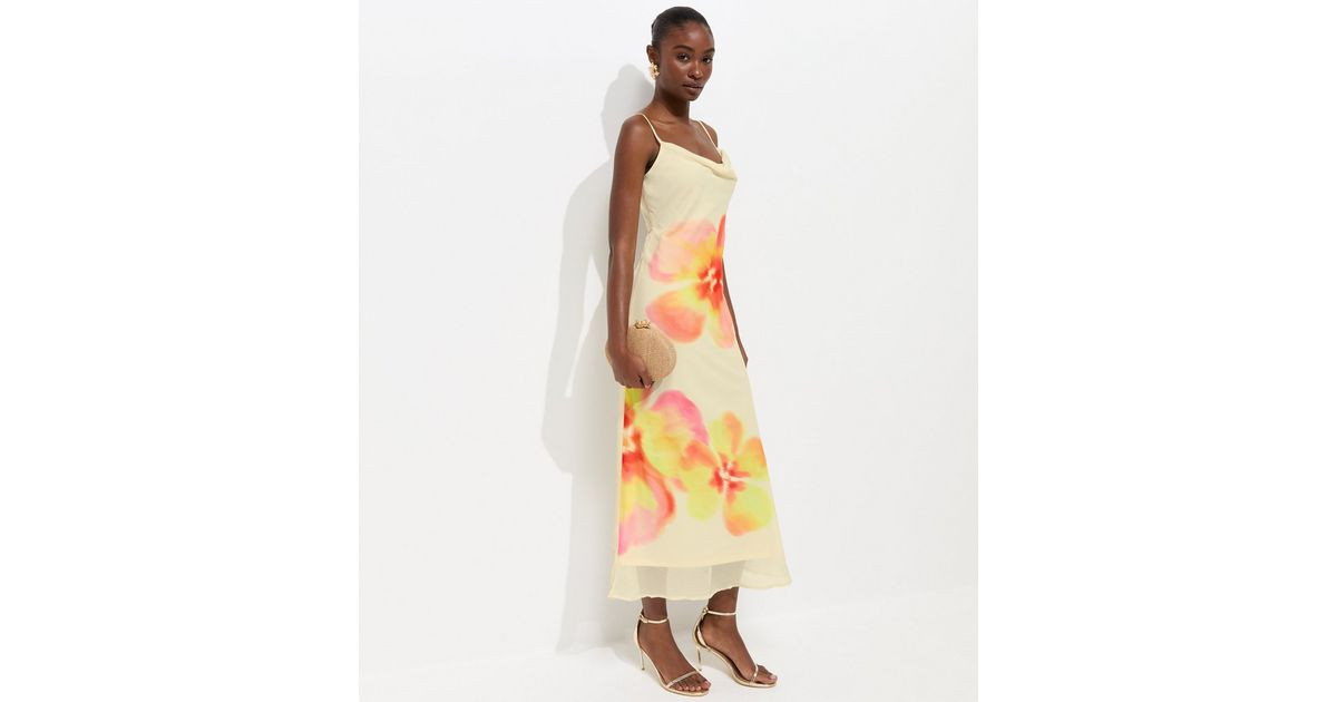 Cream Hibiscus Chiffon Cowl Neck Midi Dress | New Look | New Look (UK)