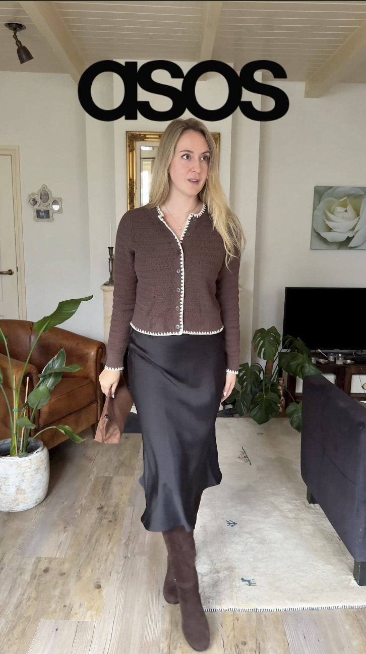 asos new in trending in black silk satin skirt, brown cardigan, dune boots  

 #LTKspringtrends #LTKspring #LTKeurope