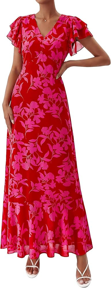 PRETTYGARDEN Wedding Guest Dresses for Women 2026 Spring Summer Short Sleeve Ruffle V Neck Floral... | Amazon (US)