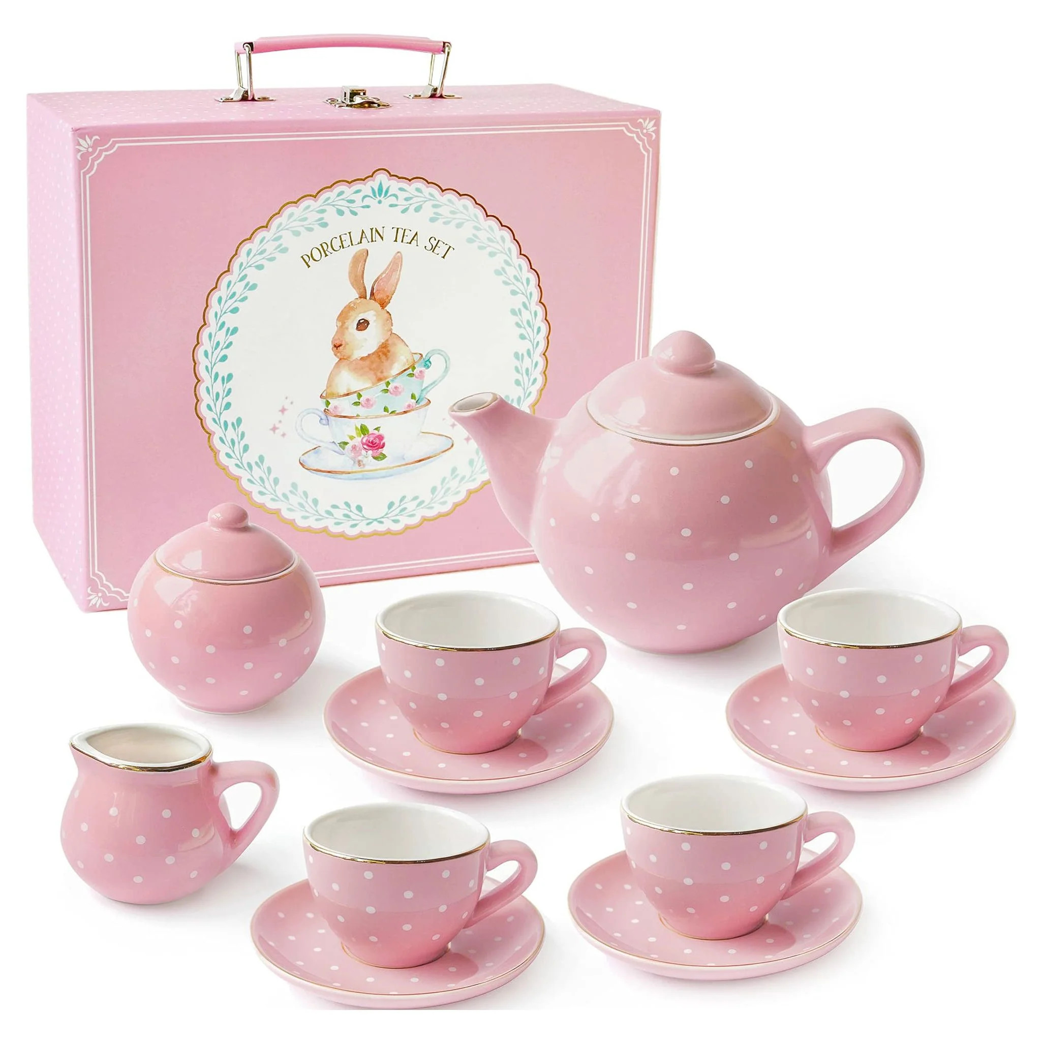 Jewelkeeper Porcelain Tea Set for Little Girls, Pink Polka Dot, 13 Pieces | Walmart (US)