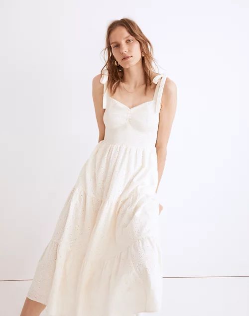 Petite Eyelet Lucie Tie-Strap Tiered Midi Dress | Madewell