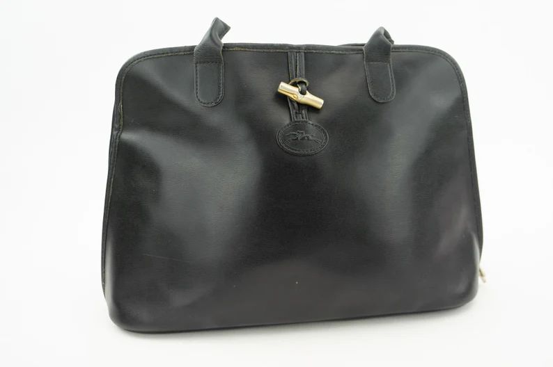 Longchamp | Vintage Leather Handbag | 1980s | Shoulder Bag | Black/Gold | Reed Button | Made in F... | Etsy (CAD)