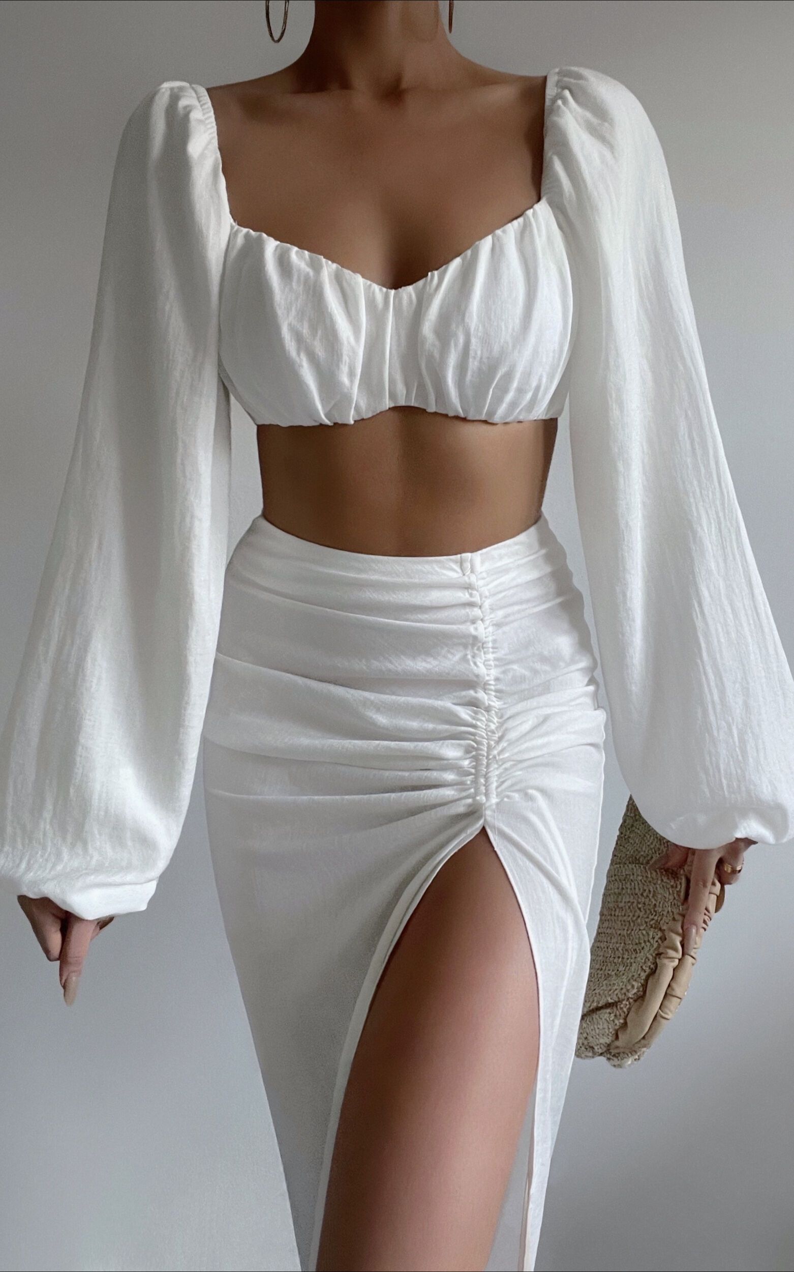 Shamir Balloon Sleeve Crop Top and Ruched Split Midi Skirt in White | Showpo | Showpo - deactived