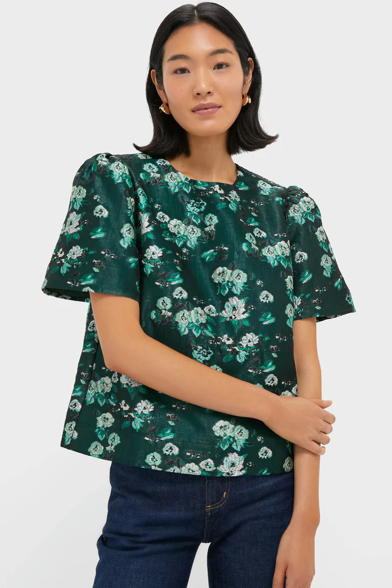 Emerald Magnolia Floral Jacquard Lyla Blouse | Tuckernuck (US)