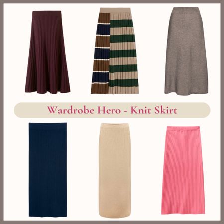 Autumn wardrobe hero knitted skirts. Burgundy pleat knit skirt, stripe knit skirt, navy knit skirt, cream knit skirt, coral pink knit skirt

#LTKeurope #LTKover40 #LTKSeasonal