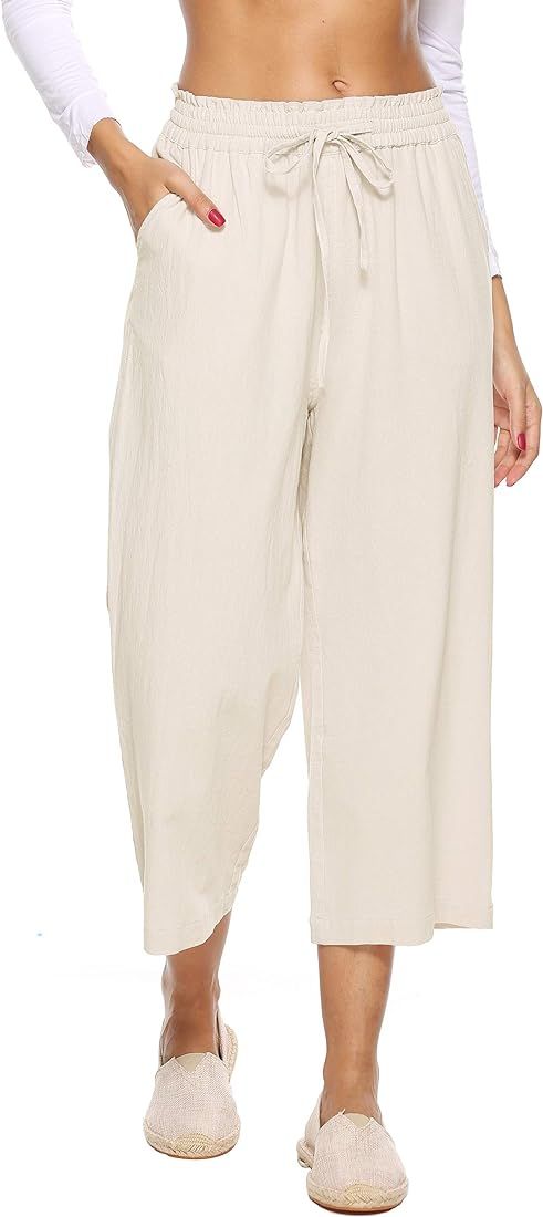 LNX Womens Linen Pants High Waisted Wide Leg Drawstring Casual Loose Trousers with Pockets | Amazon (US)