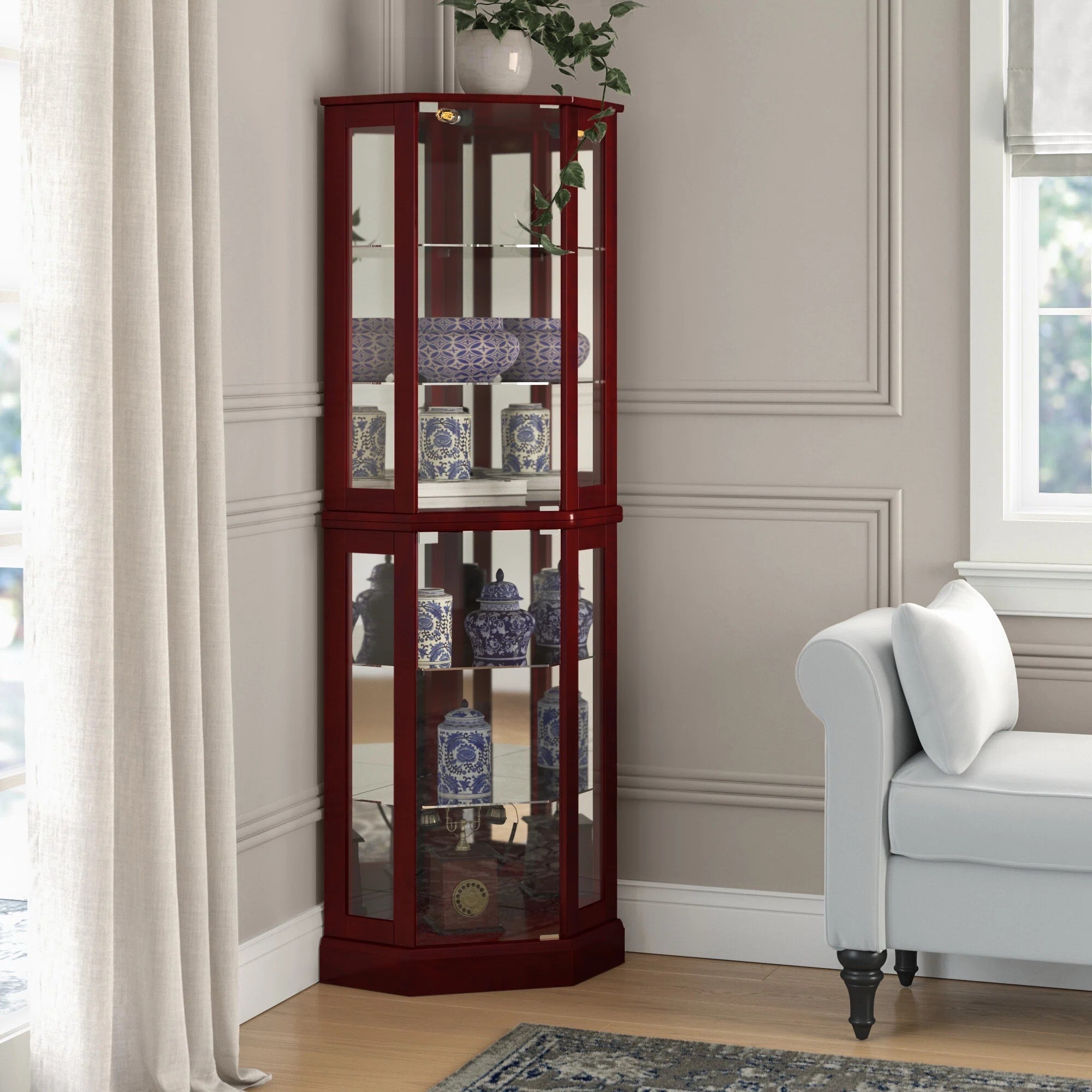 Showcase your favorite pieces in style — this 72” lighted corner curio cabinet blends warmth, elegance, and functionality in one beautifully crafted design. Available in multiple colors. ON SALE and under $350.

Keywords: Corner curio, corner cabinet, china cabinet, living room, kitchen hutch, wood kitchen organizer, arched kitchen cabinet, home refresh