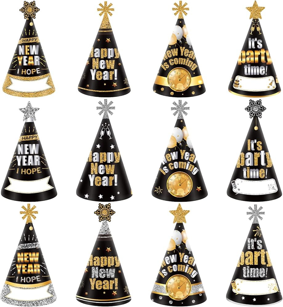 Amosfun 12Pcs Happy New Year Party Hats Paper Cone Hat New Years Eve Hats New Years Eve Party Sup... | Amazon (US)