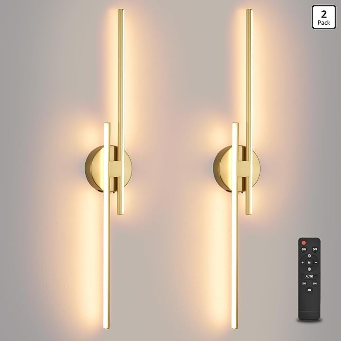 Battery Operated Wall Sconce Set of 2,Gold 31.4" 3000K-6500K LED Dimmable Wall Sconces with Remot... | Amazon (US)