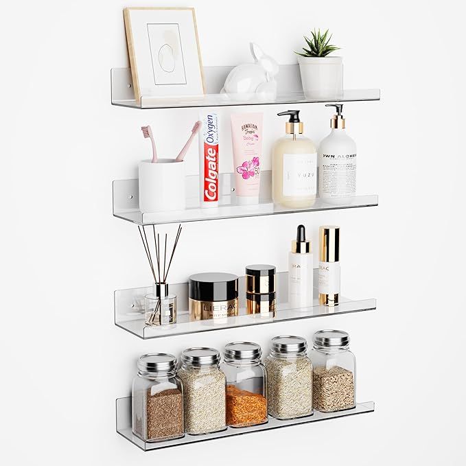 Set of 4, Acrylic Shelves for Wall, 15" Adhesive Clear Bathroom Stroage Shelves, Acrylic Wall She... | Amazon (US)