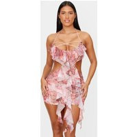 Shape Pink Mesh Printed Ruffle Open Back Halter Dress | PrettyLittleThing US