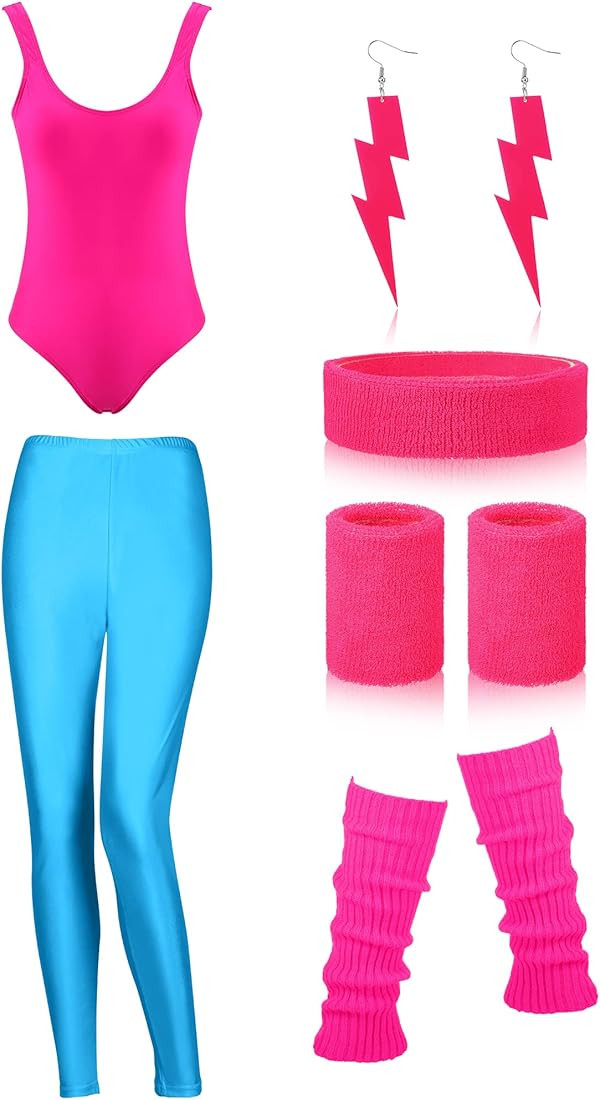 Women 80s Workout Costume Outfit Accessories Set Leggings Headband Wristbands Leg Warmers Earrings f | Amazon (US)