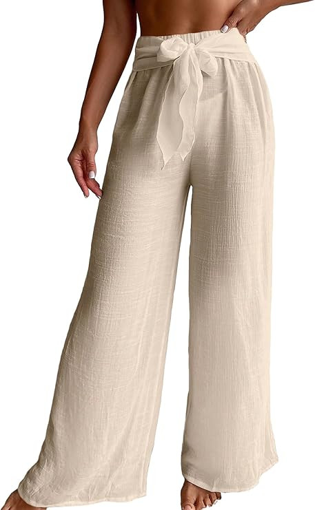 Women's Cover Up Beach Pants Tie Front Mesh Wide Leg Loose Bathing Suit Beach Cover Up Pants | Amazon (US)