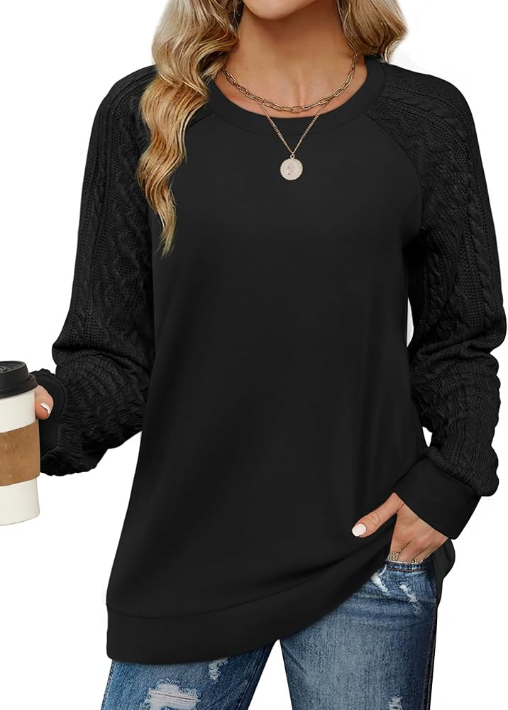 Saloogoe Sweatshirts for Women Crewneck Cable Knit Sleeve Sweaters Lightweight Fashion 2025 | Amazon (US)