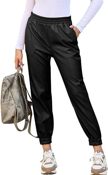 Dokotoo Women Leather Jogger Pants 2023 High Waisted Trendy Baggy Leather Cargo Pants | Amazon (US)