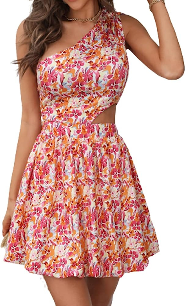 Verdusa Women's Cut Out Waist Sleeveless Floral A Line Swing Short Tank Dress | Amazon (US)