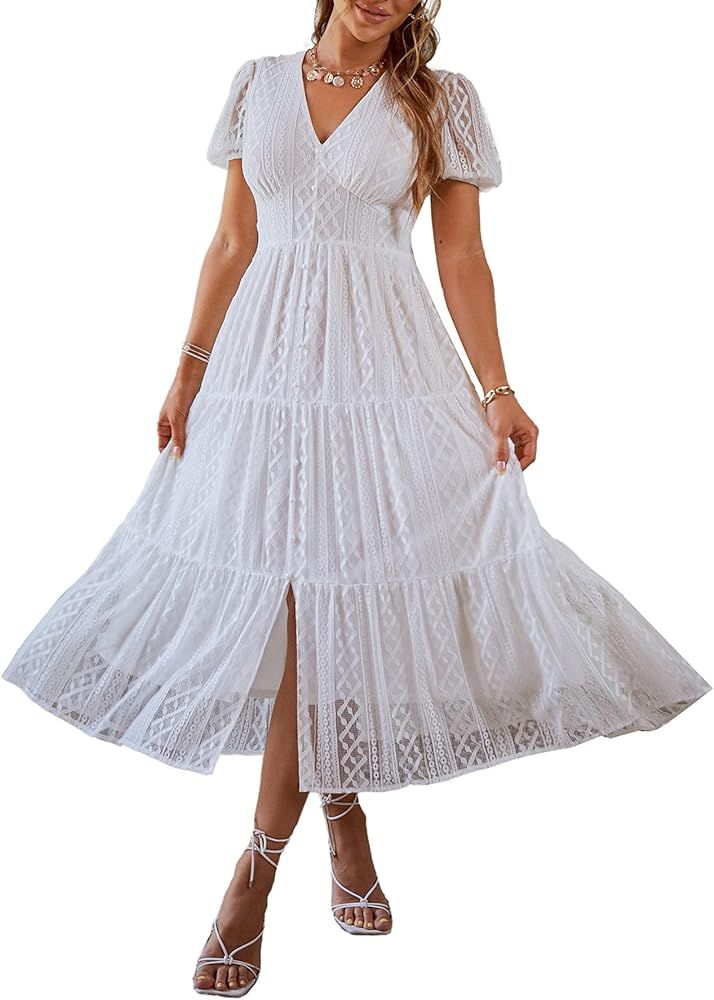 Glamaker Womens Summer Casual V Neck Short Sleeve Flowy Midi Dress A Line High Waist Ruffle Long ... | Amazon (US)
