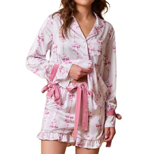 Muineobuka Christmas Pajamas for Women Bow Tie Long Sleeve Button Down Shirt Pjs Shorts 2 Piece Satin Pajamas Set | Amazon (US)
