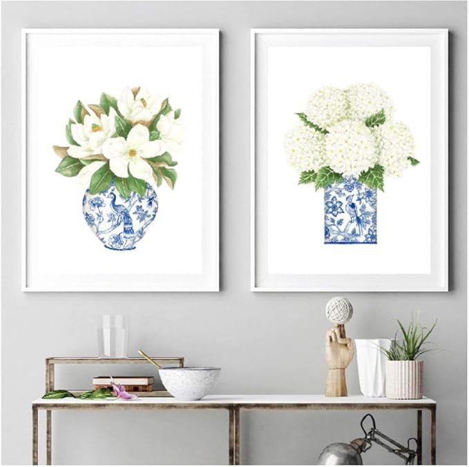 Canvas Painting Blue White Magnolia Hydrangea Prints Chinoiserie Art Gallery Wall Art Picture Pos... | Amazon (US)