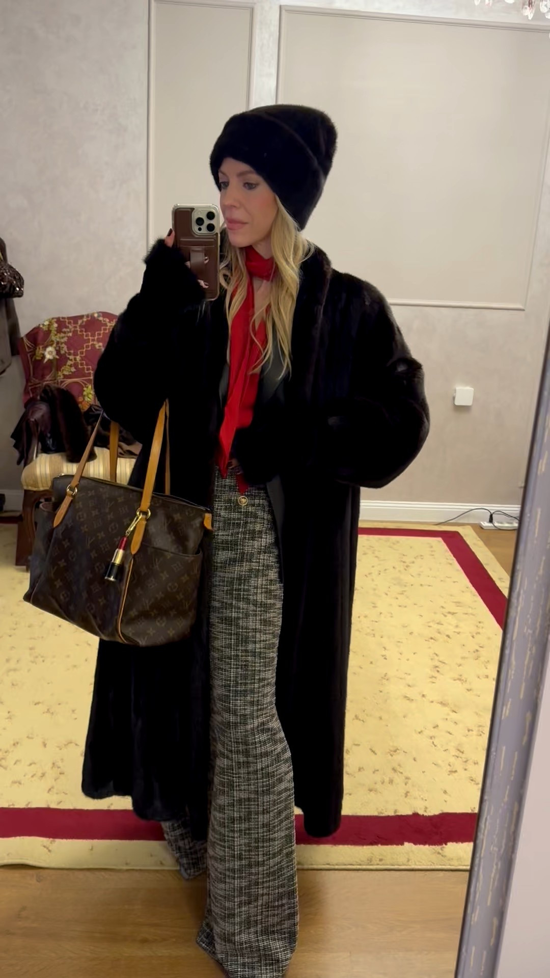 Holiday workwear outfit, red blouse, vintage mink coat, tweed pants, black fur hat, fingerless fur gloves, Louis Vuitton tote bag 

#LTKWorkwear #LTKootd #LTKFindsUnder50