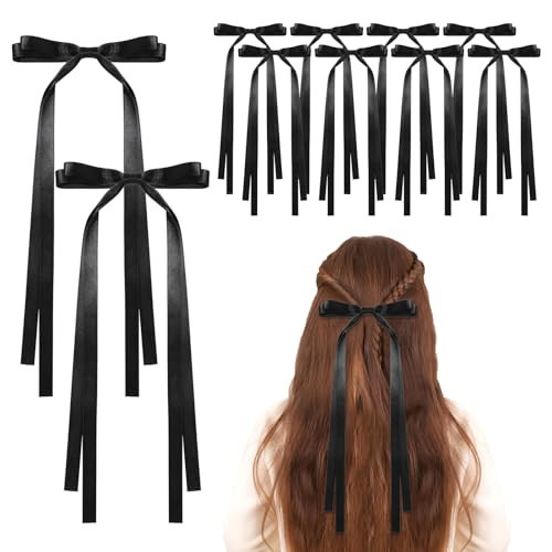 10 PCS Bows Hair Clips Tassel Ribbon Bowknot Hair Clips Long Tail Ribbon Hair Bow Clips Solid Satin Accessories for Women and Teens - Cute Y2k Hair Bows for Thick and Thin Hair, Black | Amazon (US)
