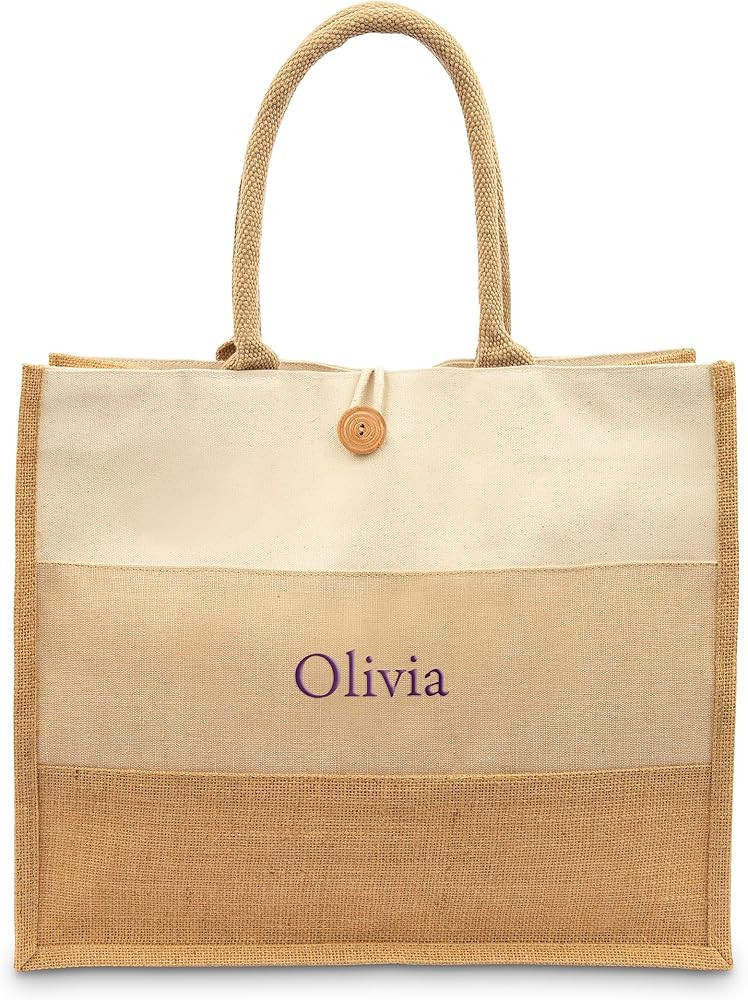 WEDDINGSTAR Large Personalized Reusable Canvas and Jute Fabric Beach Tote Bag | Amazon (US)