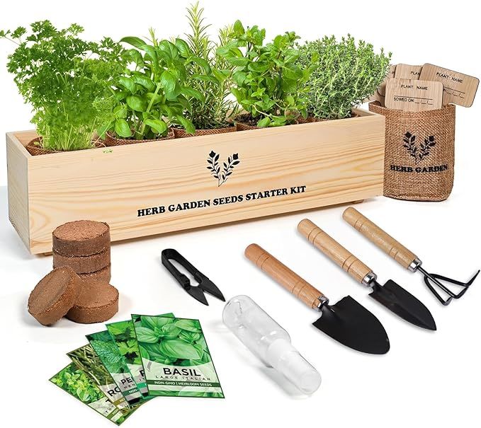Indoor Herb Grow Kit, 5 Seeds Garden Starter Kit with Complete Planting & Wooden Flower Box, Grow... | Amazon (US)