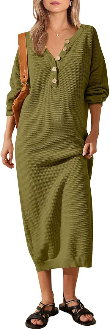 LILLUSORY Women Pullover Sweater Maxi Dresses 2023 Fall Long Sleeve Button V Neck Oversized Waffl... | Amazon (US)