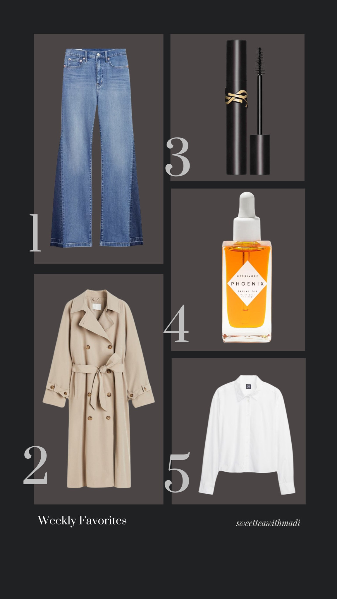 Our favorites from the last week! 

Trench coat, face oil, two tone flared jeans, white button down, sweetteawithmadi, Madi messer 

#LTKSeasonal #LTKstyletip #LTKbeauty