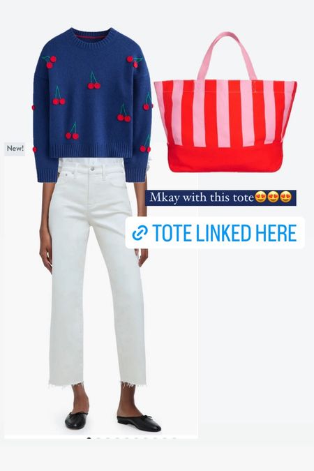 Cute spring outfit. Cherry sweater. Striped summer bag. Boden new arrivals 

#LTKstyletip #LTKitbag #LTKSpringSale