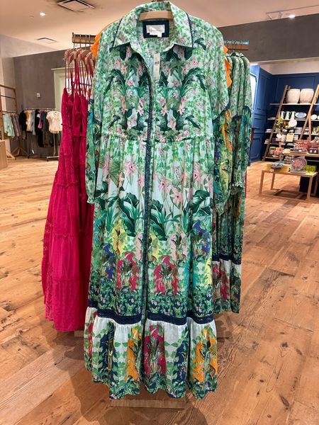 Long sleeve green tropical printed maxi shirt dress. 
Come in two colors. Easy summer chic

Cotton, silk; modal lining
Button front
Machine wash
