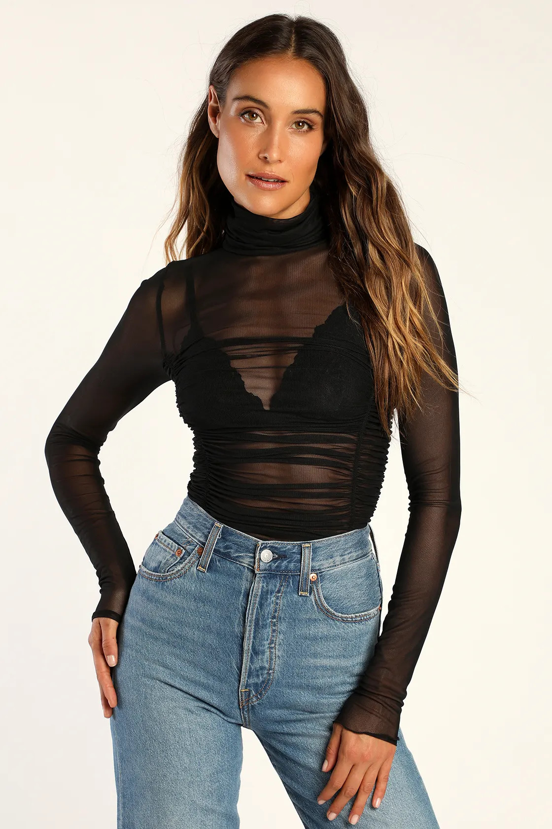 Under It All Black Sheer Mesh Long Sleeve Turtleneck Bodysuit | Lulus