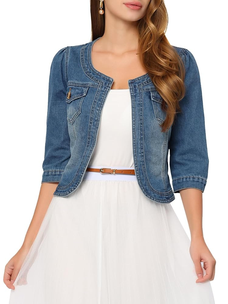 Allegra K Denim Jacket for Women's Collarless 2025 Cardigan 3/4 Sleeve Crop Jean Jackets | Amazon (US)