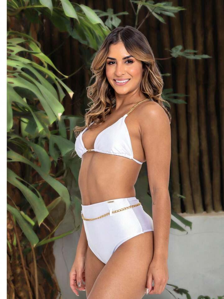 Biquíni Cortininha Bojo Removível , Calcinha Hot Pants , Cintura Alta Com Detalhe em Corrente | SHEIN