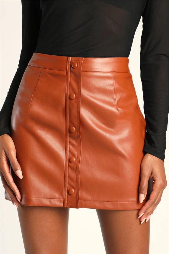 Most Fab Brown Vegan Leather Button-Front Mini Skirt | Lulus (US)