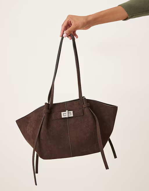 Gina Tricot faux suede small tote bag with strap and clutch detail in dark brown | ASOS | ASOS (Global)