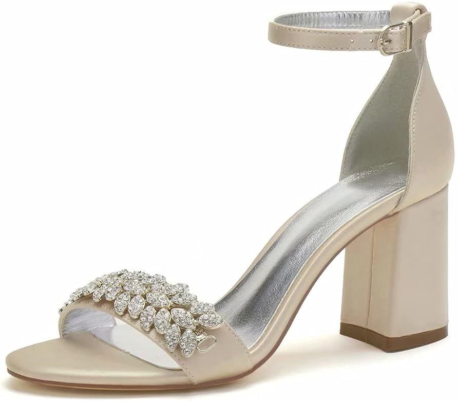 LLBubble Block Heel Wedding Sandals Shoes for Bride Open Toe Crystals Formal Party Heels Sandal 1151 | Amazon (US)