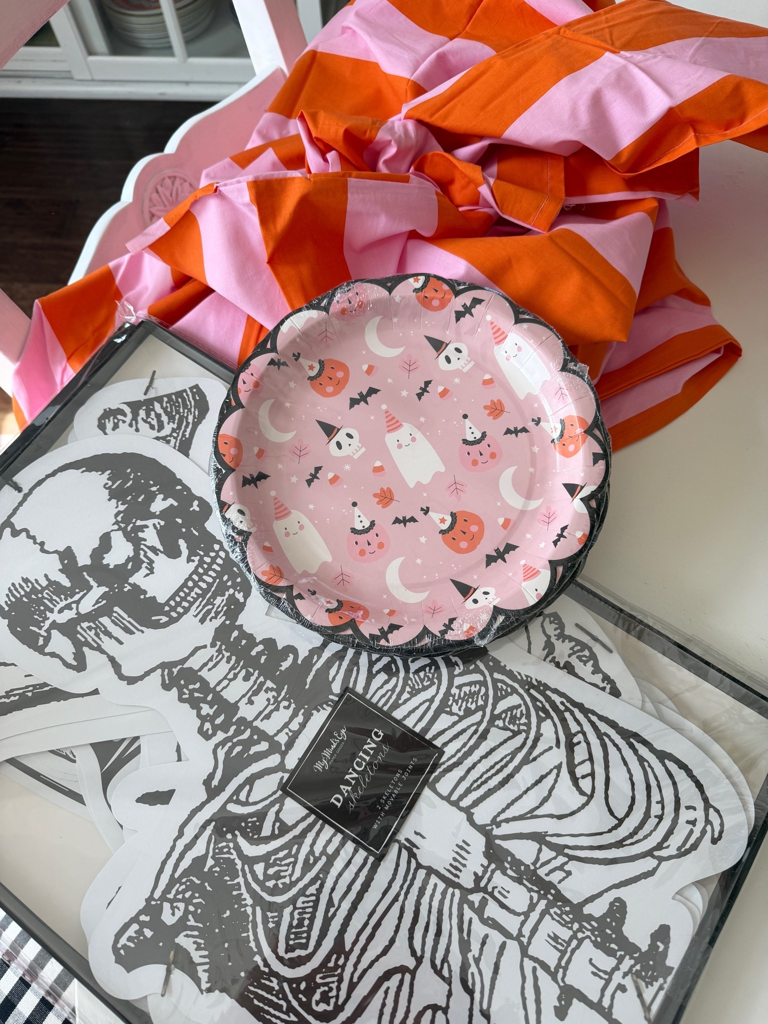 How cute will this be when I put it all together! 
1. I am going to make a tablecloth out of this duvet from Ikea! 
2. Paper hanging skeletons from 
@mymindseye 
3. Adorable Halloween plates also from @mymindseye

#LTKSeasonal