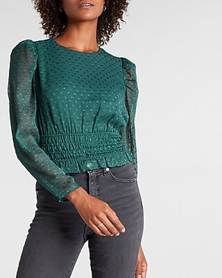 Clip Dot Puff Sleeve Crew Neck Top | Express
