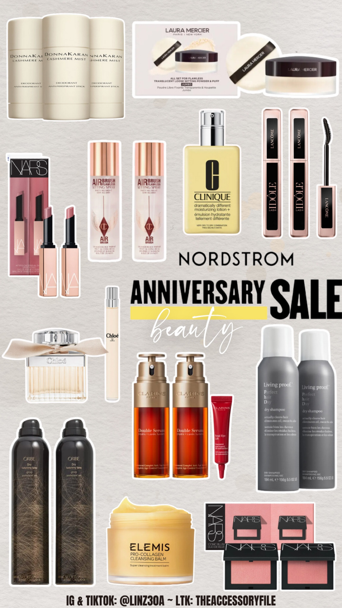 Nordstrom sale beauty picks & favorites 

Cashmere mist deodorant, Laura mercier setting powder, oribe dry texture spray, Chloe perfume, Clarins skincare double serum, nars blush, living proof dry shampoo, Charlotte tilbury setting spray, Clinique moisturizer, nars lipstick, lancome mascara, Elemis cleansing balm 

#LTKBeauty #LTKSaleAlert #LTKxNSale