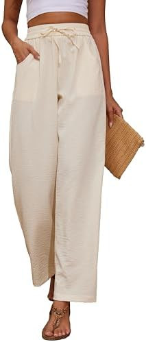 KICZOY Women Flowy Pants Drawstring Waist Wide Leg Palazzo Beach Pants Loose Fit with Pockets | Amazon (US)