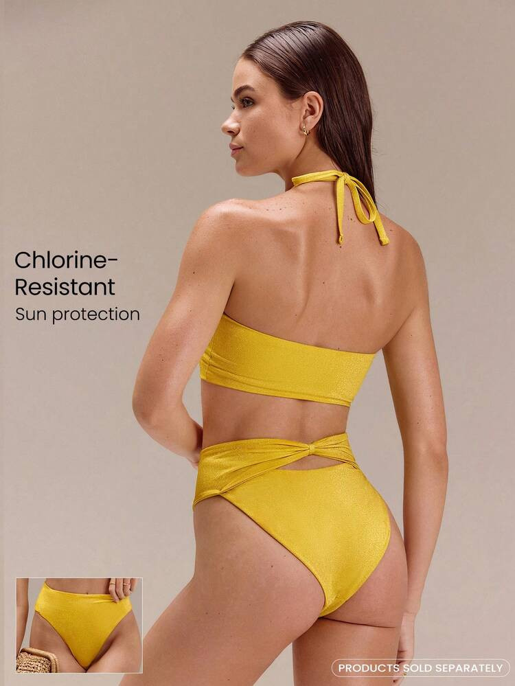 GLOWMODE Braguitas De Bikini Resistentes Al Cloro Con Protección Solar, Diseño De Lazo En La Cintura Alta, Forro Antibacteriano Y Acabado Metálico Para Usar En La Playa, Piscina, Vacaciones Y Verano | SHEIN