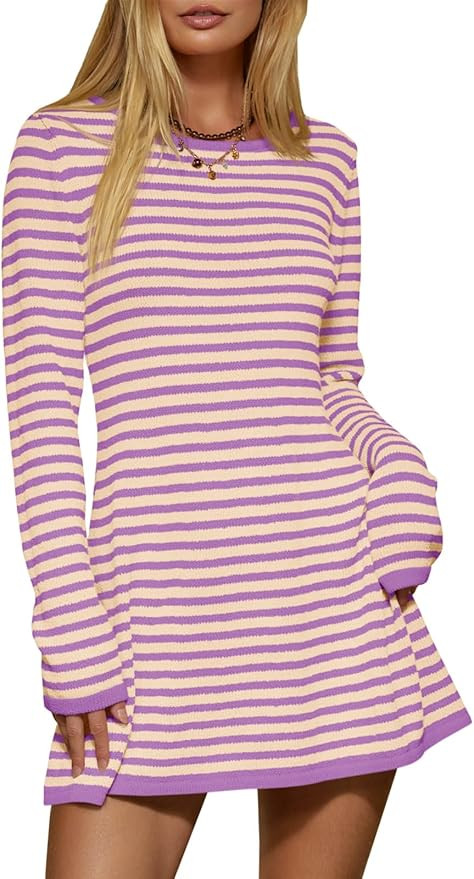 Saodimallsu Womens Striped Pullover Sweater Crew Neck Fall Long Sleeve Trendy Casual Ribbed Knit ... | Amazon (US)