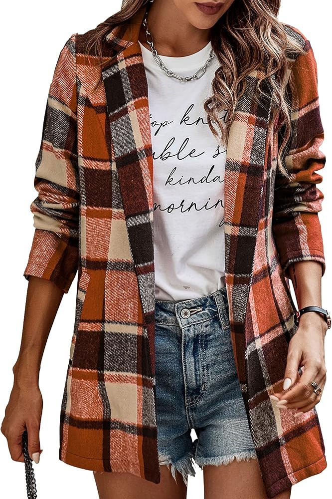 AOVDE Womens Casual Trench Coats Plaid Shacket Jacket Blazer Winter Lapel Open Front Cardigan With P | Amazon (US)