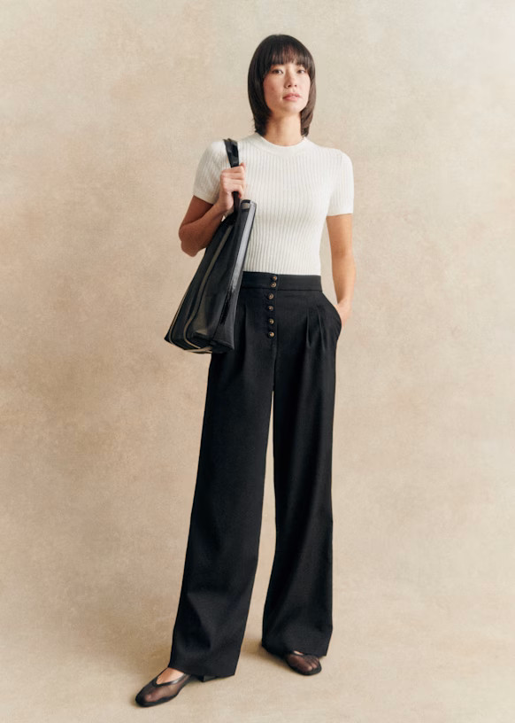 Cesar Trousers - Black Horn Buttons - Recycled polyester - Sézane | Sezane Paris - US