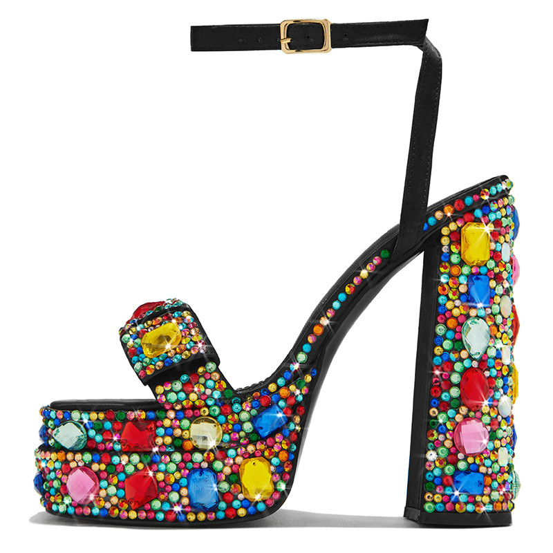 Multicolor Rhinestone Sandals Open Toe Ankle Strap Platform Heels | FSJshoes