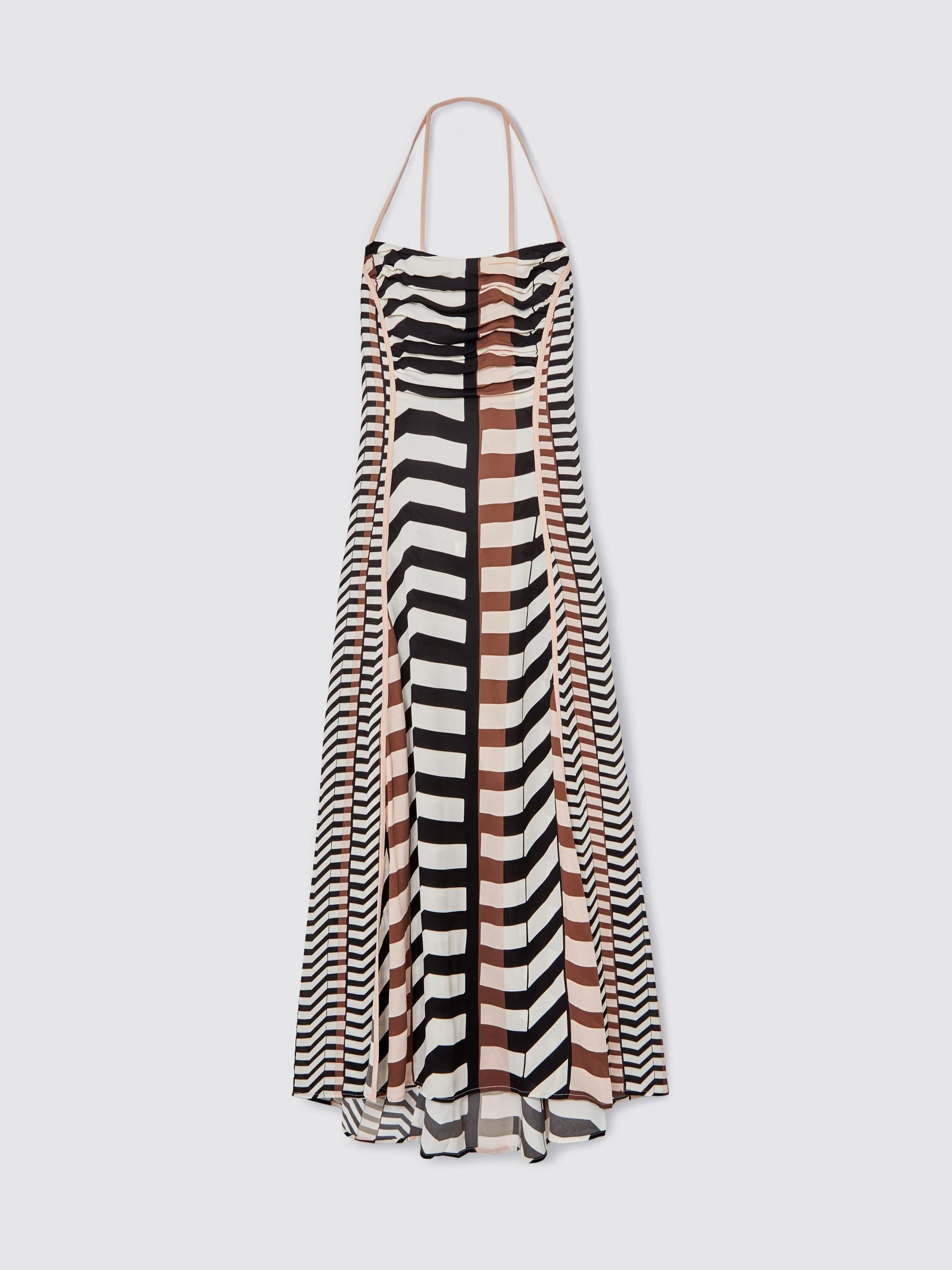 Reiss Chevron-Stripe Ruched Midi Dress in Black/Brown | REISS | Reiss US