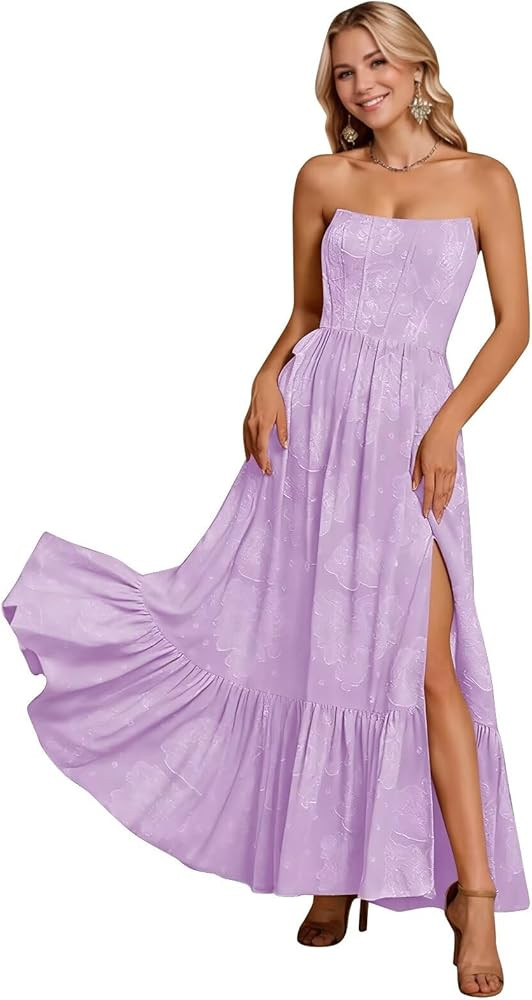 Monlity Jacquard Cocktail Dresses Midi Strapless Front Slit Prom Dress A Line Formal Evening Gown... | Amazon (US)