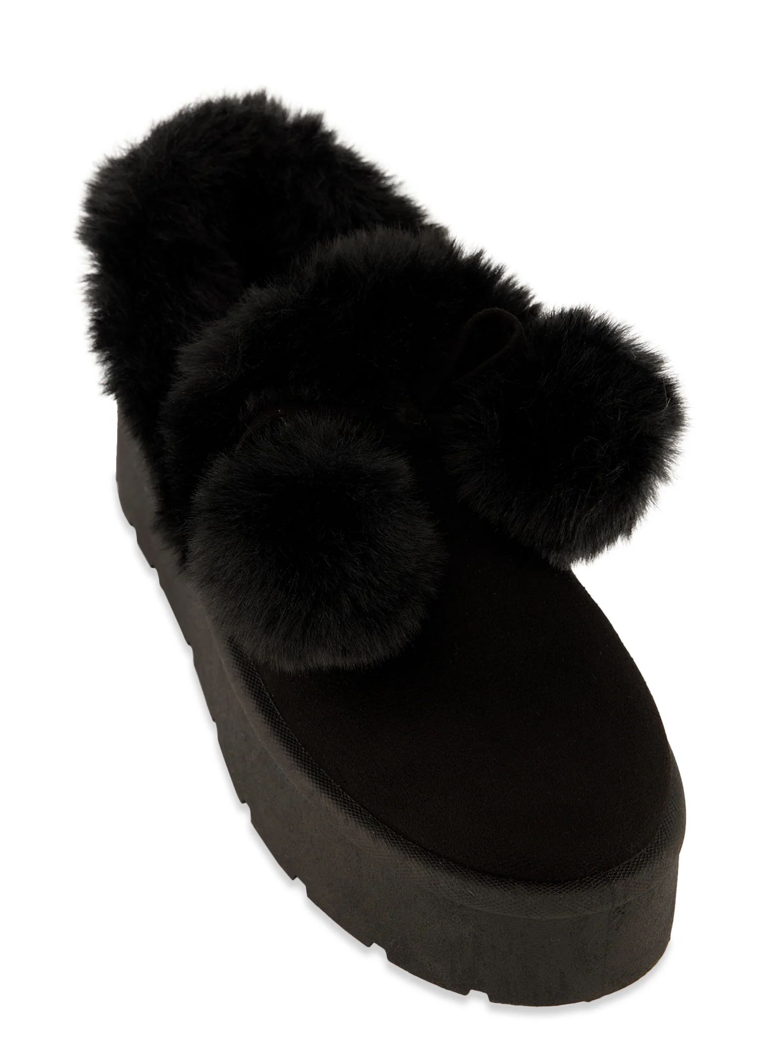 Platform Faux Fur Pom Pom Boots  - Black Suede | Rainbow Shops